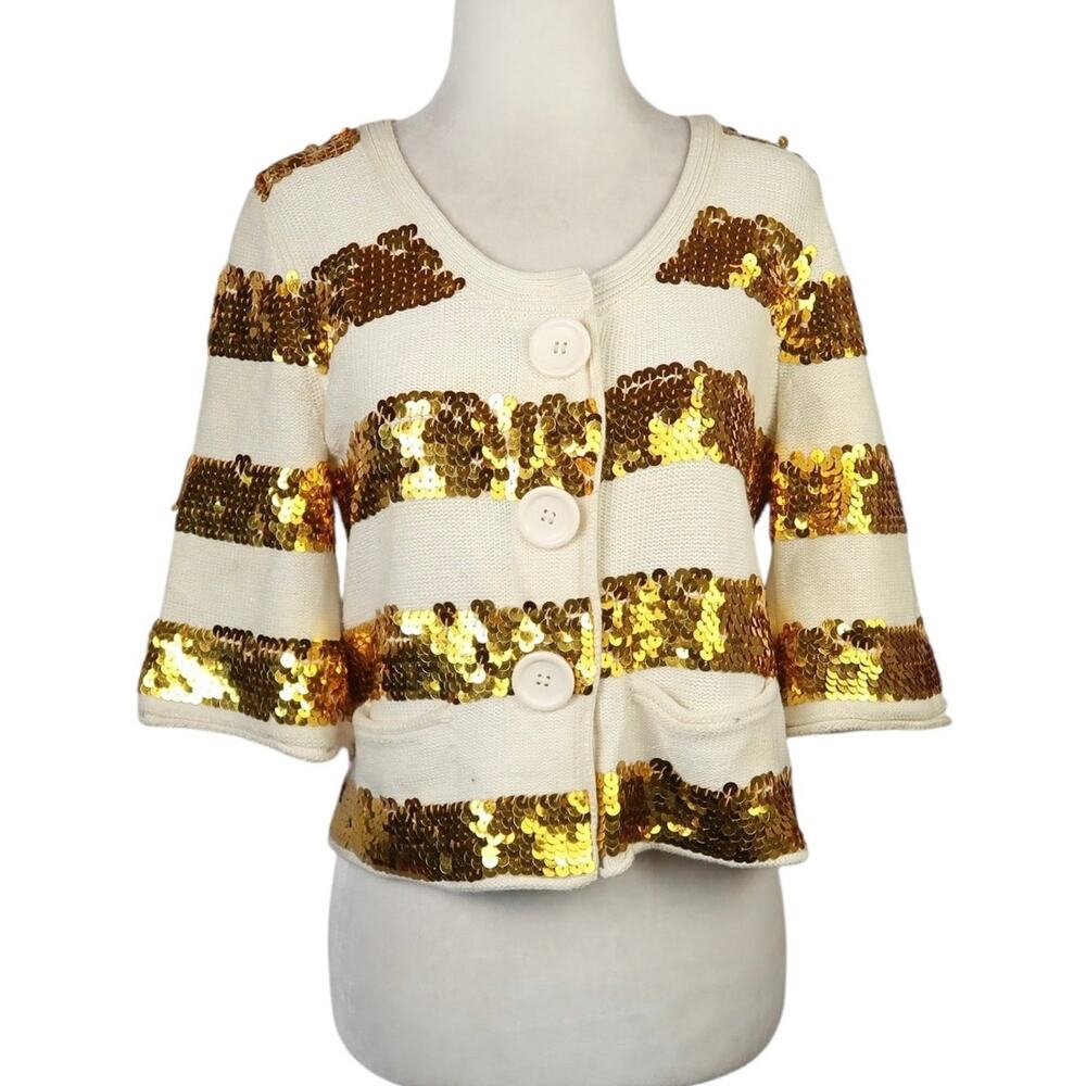 Vintage Y2K Forever 21 Cream Knit Cardigan Sweater Gold Sequin Stripes M